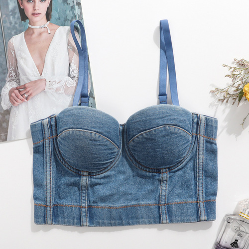 European and American denim camisole for beauties with back exposed and navel-free underwear to wear fishbone top versatile nightclub disco tube top