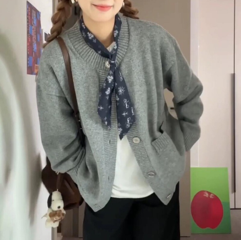 Korean Striped Hooded Olive Button Sweater Cardigan for Women Autumn and Winter Lazy Style Loose Contrasting Color Knitwear Top Jacket