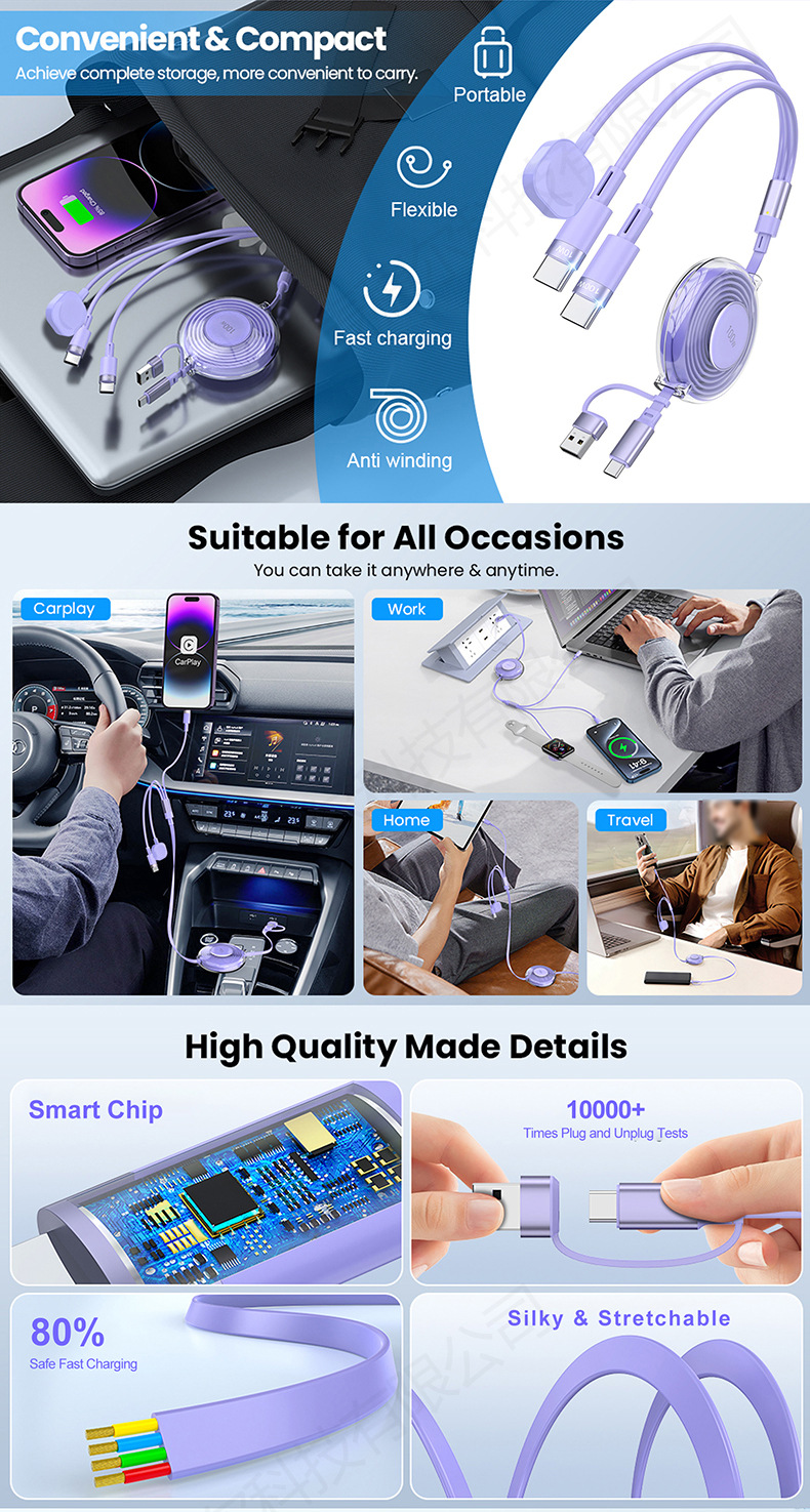 5-in-1 100W Superschnelles Daten-Macaron-Geschenk mit individuellem Logo und einziehbarem 2-in-3-Ladekabel_voghion.com