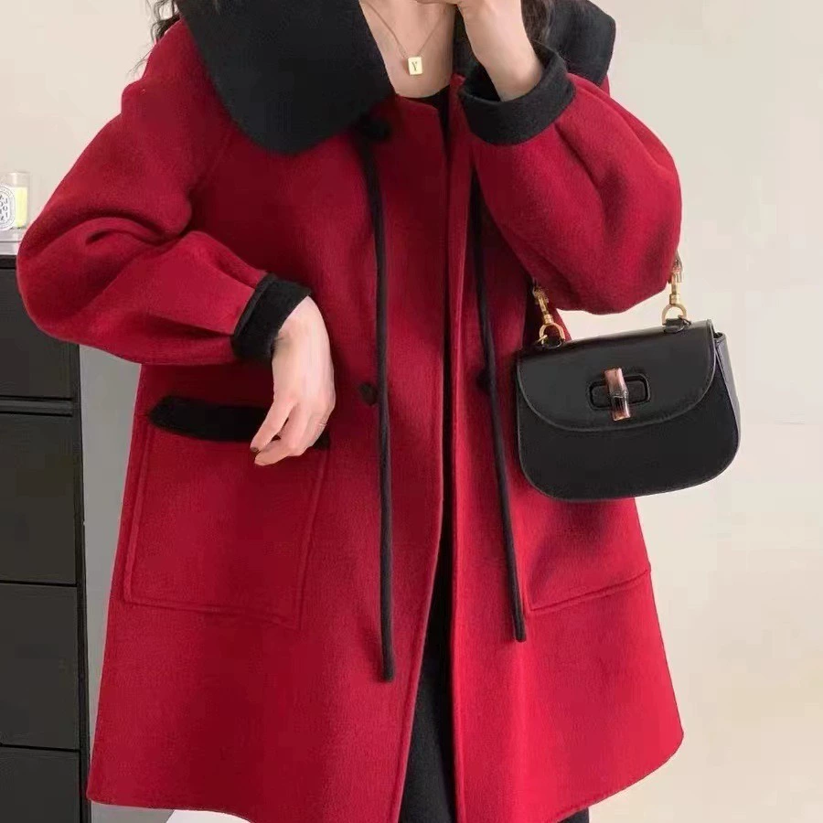 Чистый Красный горячий стиль 2023 осень-зима новое двойное шерстяное пальто, короткая Корейская версия, широкая отправка повседневного шерстяного пальто в наличии