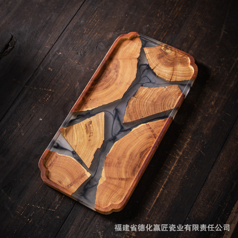 Bandeja de té de río de resina epoxi de estilo nórdico Thuja sándalo negro bandeja de espuma seca de madera maciza bandeja de resina de tinta bandeja de olla antiescaldado