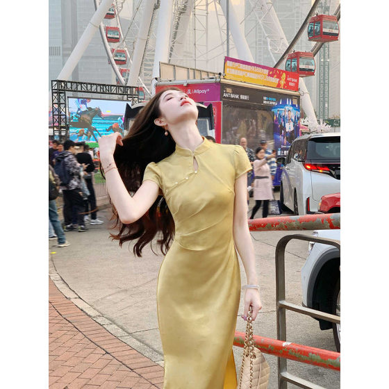 Qingguang New Chinese Style Butterfly Print Improved Cheongsam Women's Summer New Daily Outing Dress Yellow Cheongsam Dress