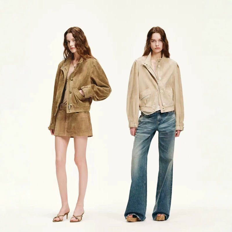 2026 Fall/Winter New Barn Style Suede Semi-vegetable-tanned Oil-Waxed PU Stand-Collar Short Versatile Leather Jacket