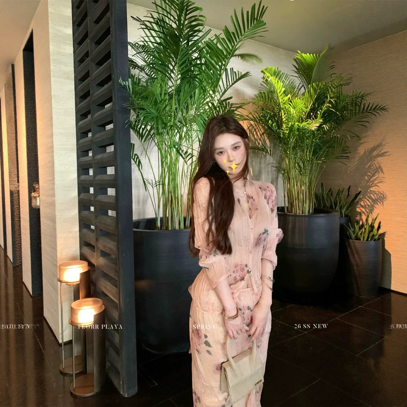 Huahua Yuan Rose Whisper Pink French Print Shirt Women's Spring/Summer Thin Crinkled Texture Skirt Set