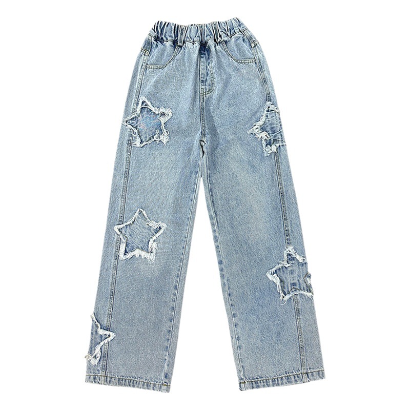 Pantalones anchos para niñas 2025 primavera nuevos pantalones largos casuales rectos para niños grandes jeans sueltos de patchwork.