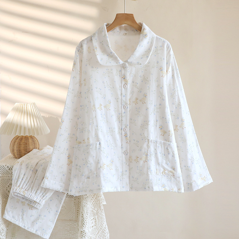 흰색 아기 오리 - 긴팔 거즈 홈웨어 세트