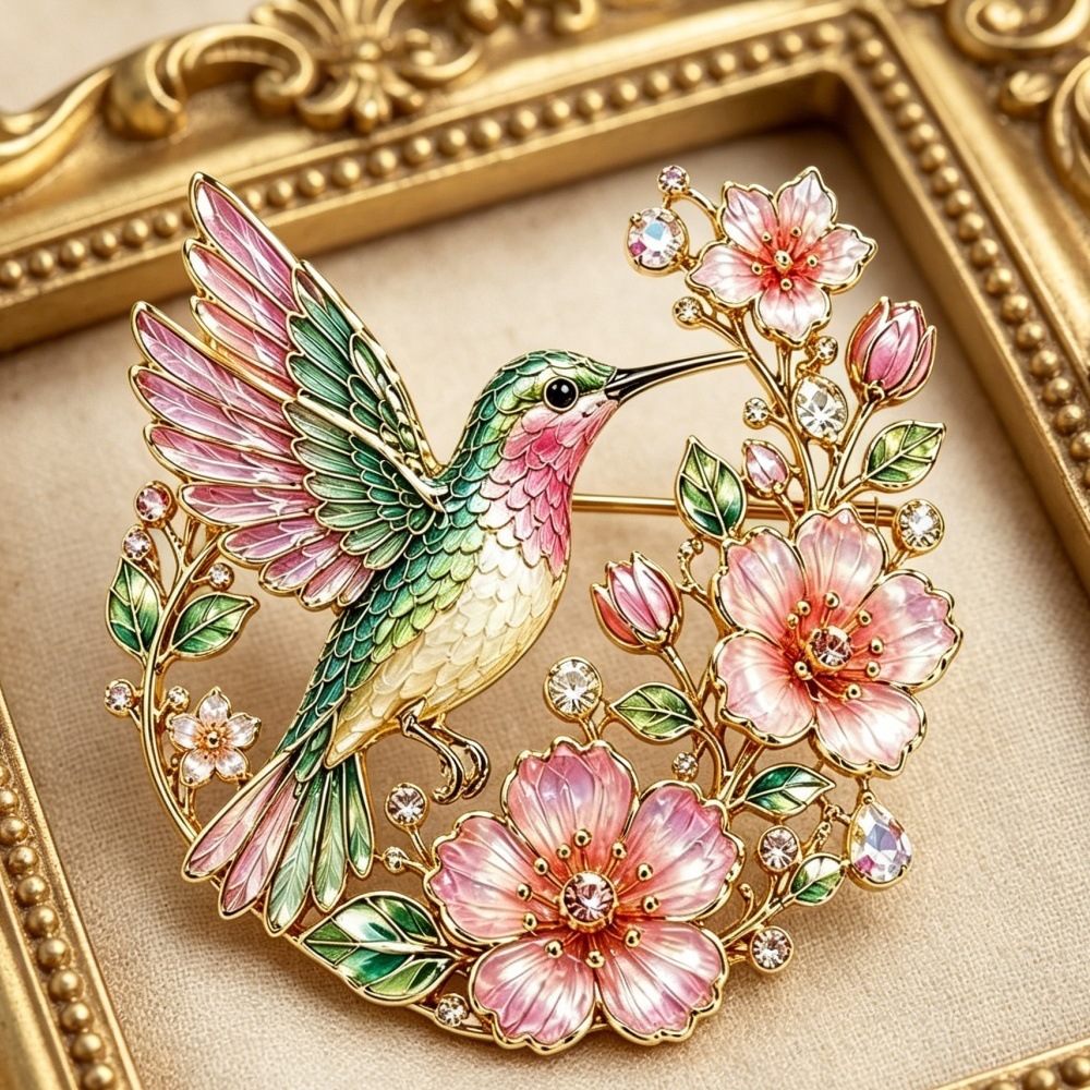 New European and American cross-border style peach blossom hummingbird brooch with diamonds for women, fashionable enamel high-end niche design