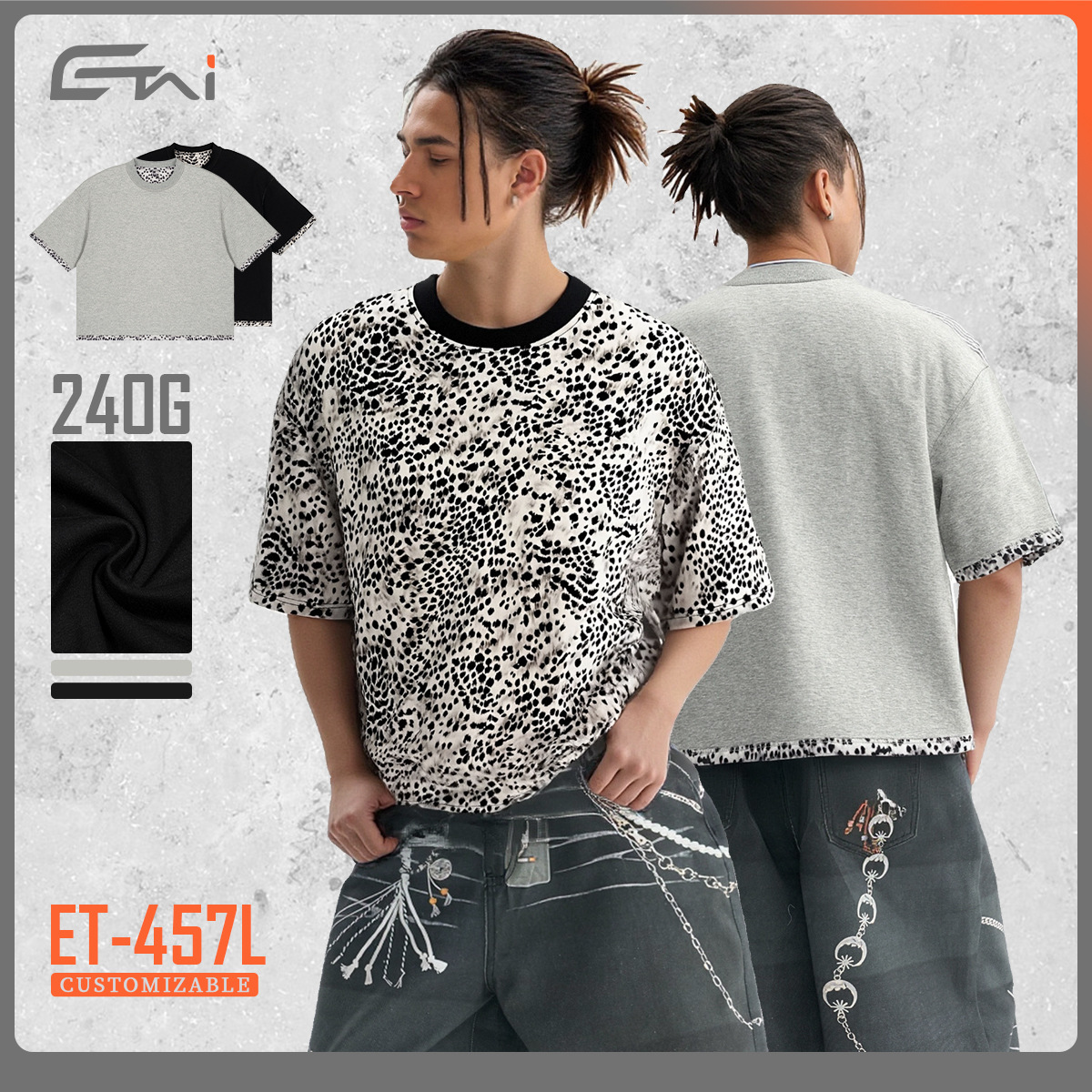 Calle de moda personalidad doble cara vestido leopardo camiseta de manga corta verano nuevo corto ancho cuello redondo chaqueta casual hombre