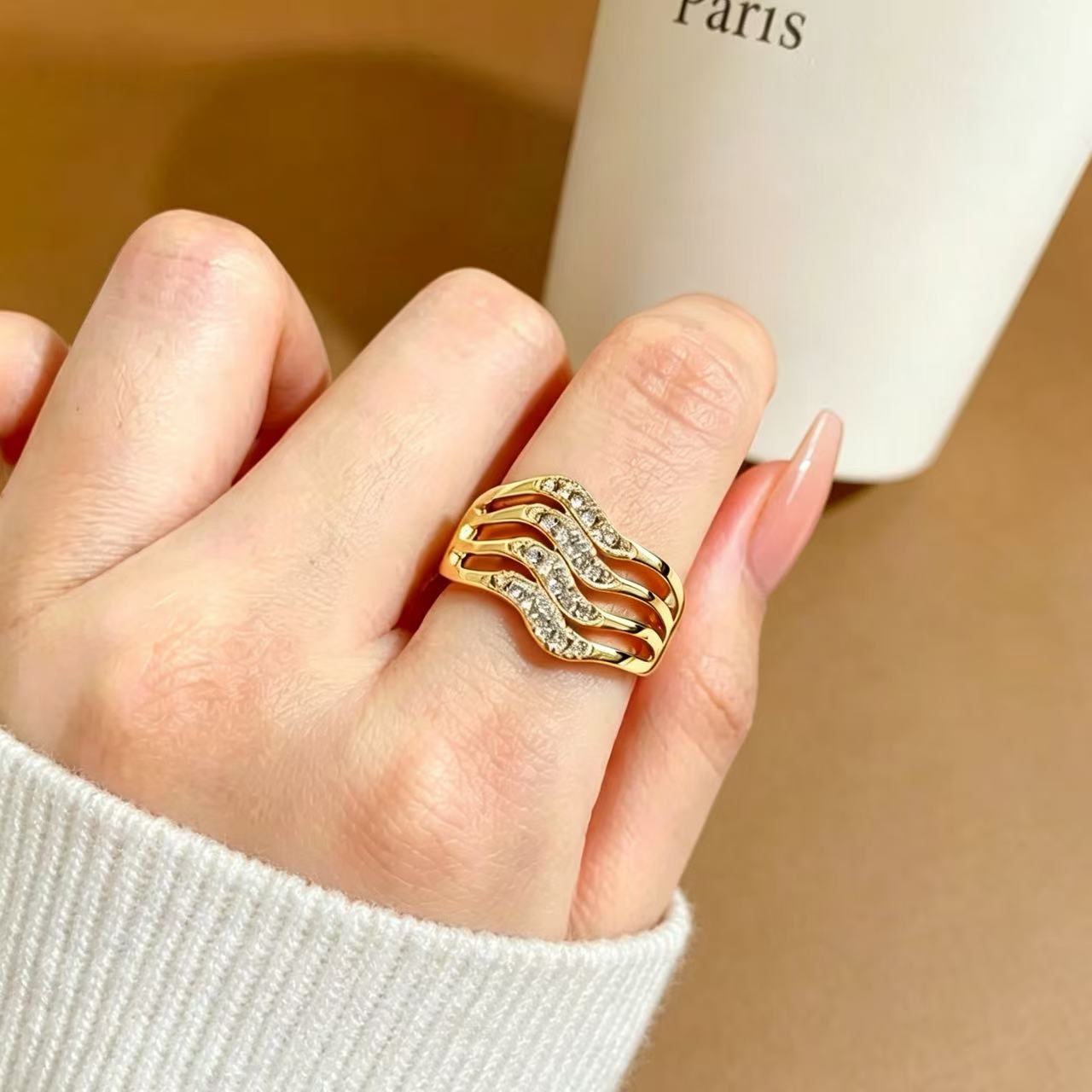 [Real Gold Plating] Four-Layer Zircon Open Ring, Adjustable, Simple Japanese-Style Couple Rings, High-End Jewelry