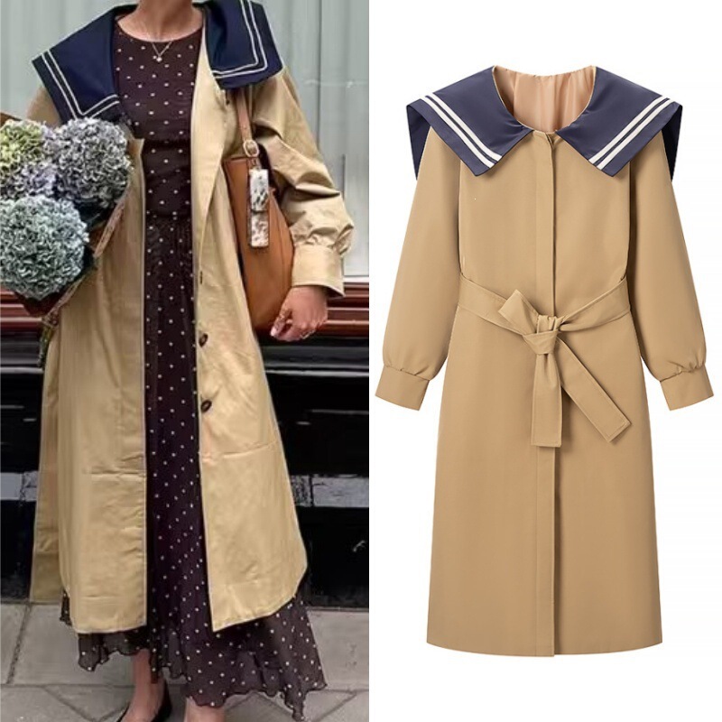 European and American Cross-Border French Retro British Style Design Fashion Casual Long Trench Coat with Navy Collar and Belt