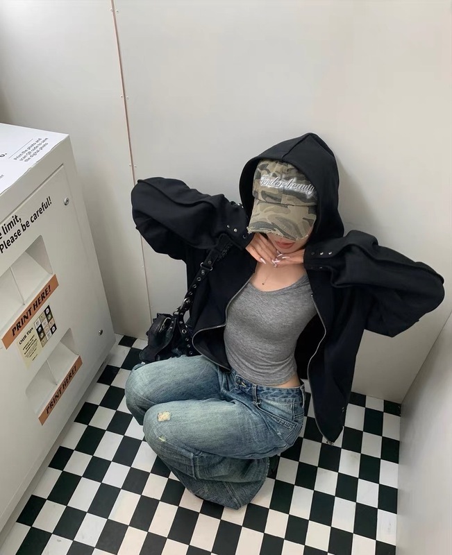 SUNONEON 设计感铆钉宽松连帽卫衣外套女早秋季新美式开衫衣|undefined