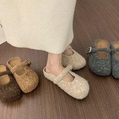 复古晚晚风一字扣带玛丽珍包头半拖鞋女外穿休闲厚底毛毡博肯鞋子