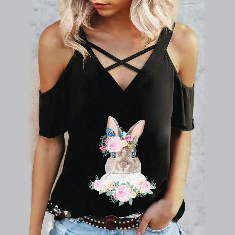 Cross-border E-Commerce Independent Station Amazon Wal-Mart shopify Easter Bunny Printed Women's Shoulder-exposed Deep V T-shirt