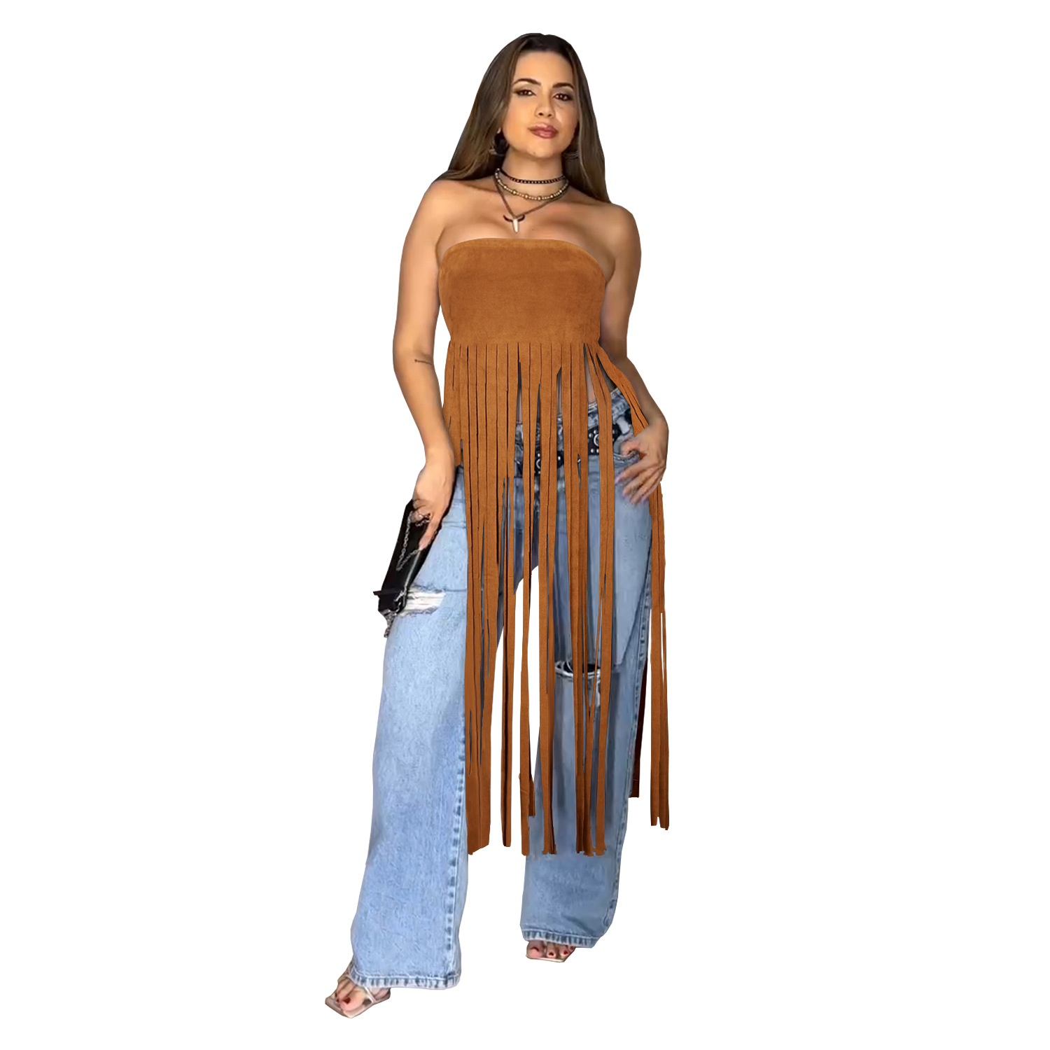 C7436 Cross-border AliExpress Amazon Ropa de mujer de moda europea y americana Falda de tubo sexy de terciopelo de piel de venado con flecos de color sólido