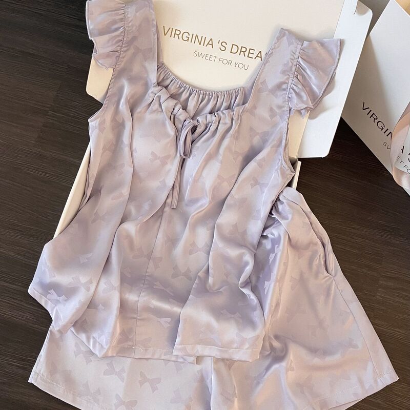 [in Stock] Little Flying Sleeves Ice Silk Padded Sleepwear for Women, Summer New Style, Plus Size Sexy Shorts Homewear Set