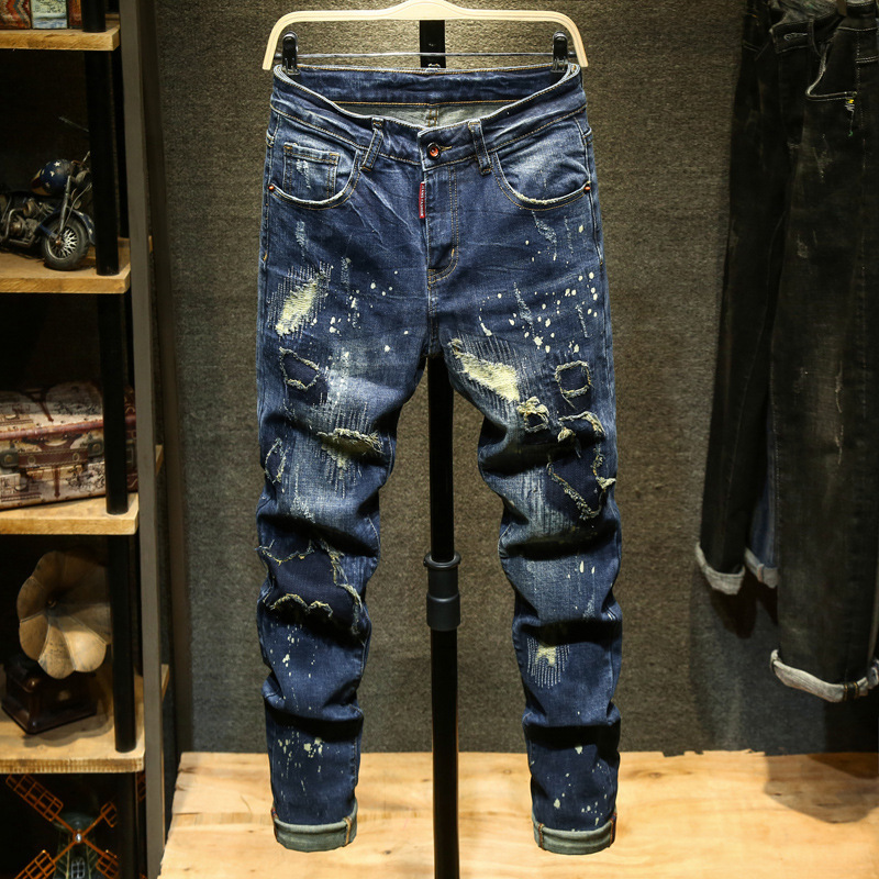 Vintage Jeans Men's Autumn and Winter 2023 Korean Style Slim-fit Small Feet Distinctive Embroidered Men's Handsome All-match Long Pants