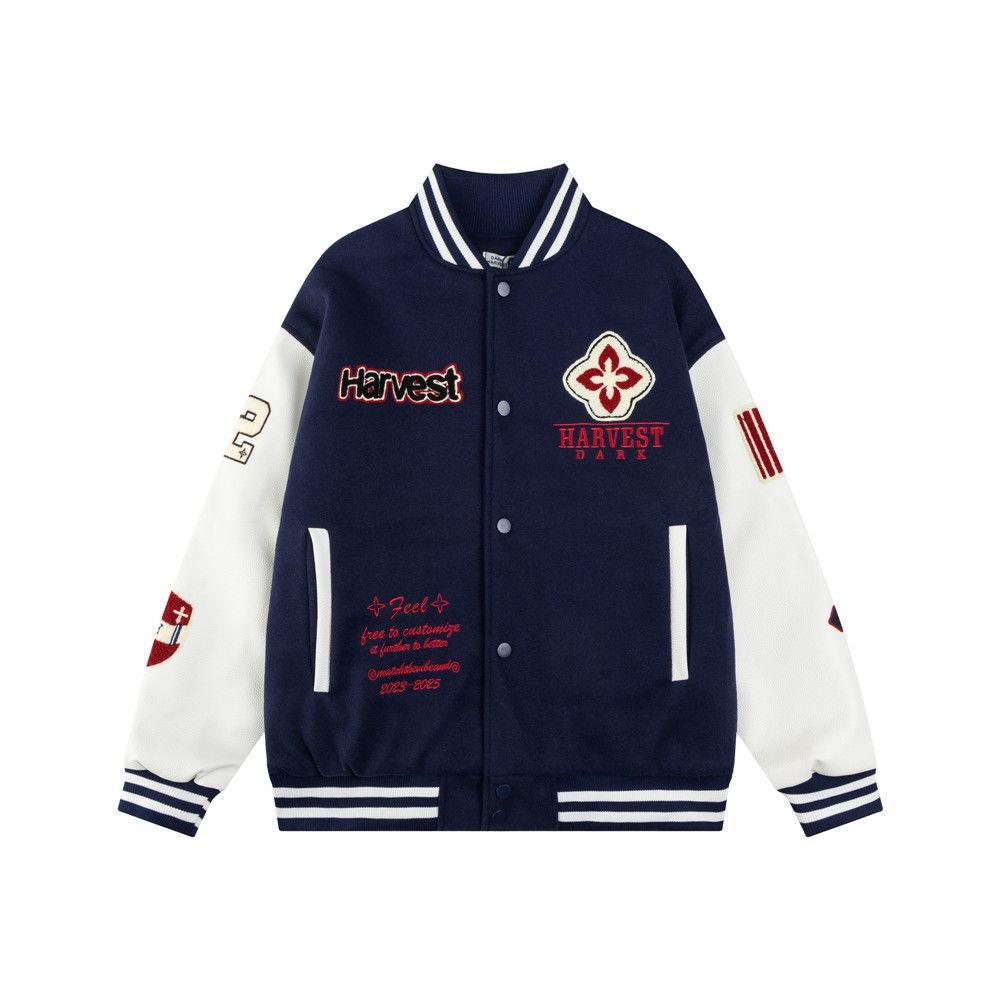 Trendy Printed Baseball Jacket – Unisex Japanese Streetwear Style For Casual & Couple Outfits (S-3XL, Navy Blue & Artistic Prints)_voghion.com