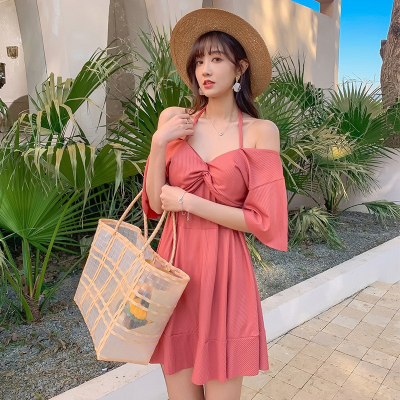 Traje de baño de talla grande chica gordita de las mujeres adelgazamiento traje de baño adelgazante color sólido vestido suelto de una pieza traje de baño de aguas termales