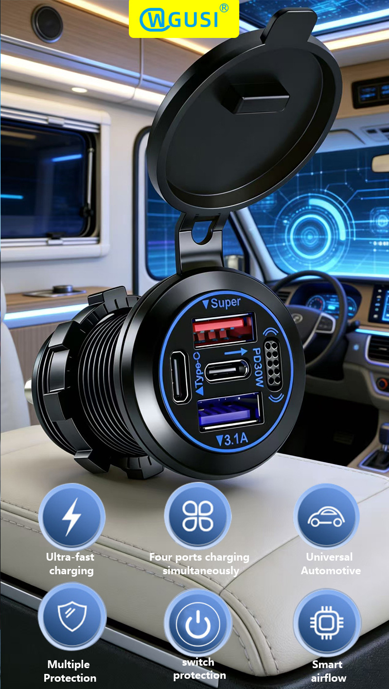 Car and Motorcycle USB Charging Port 12V Cigarette Lighter Modification Car Fast Charger Electric Vehicle Phone Charger