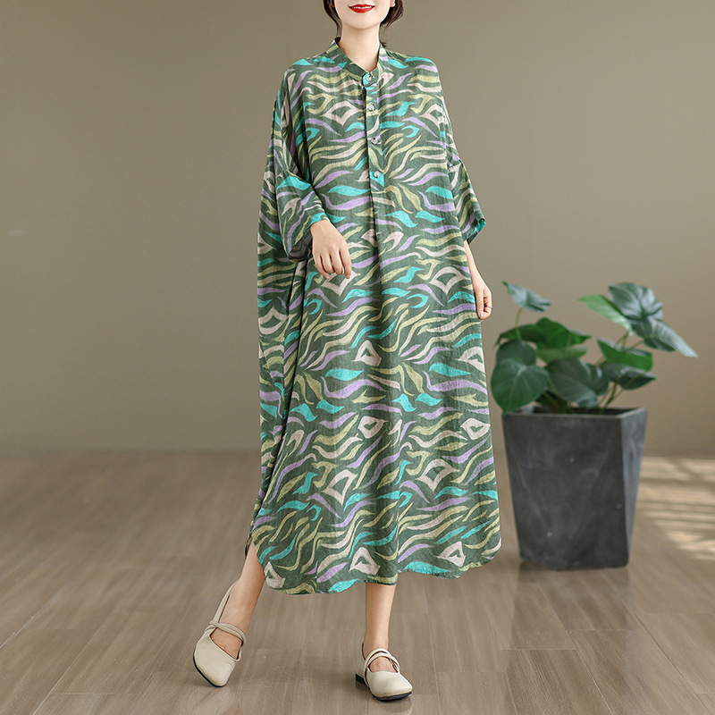 Autumn New Large-Size Foreign Trade Elegant Vintage Cotton-Linen Printed Stand-Collar Loose Long Vacation Dress