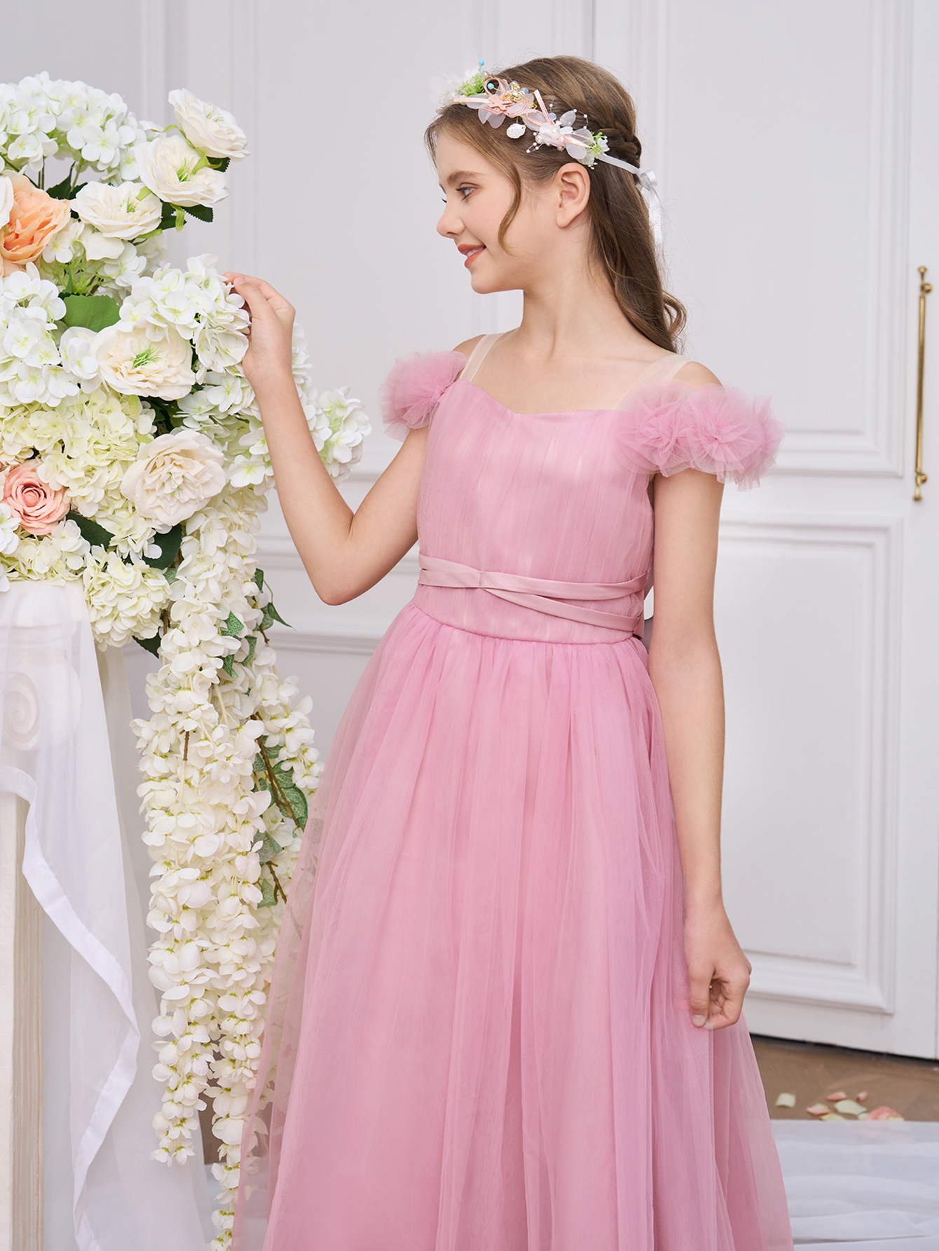 Nuevo vestido de niños grandes un hombro vestido de niña floral vestido de red vestido de princesa vestido de cumpleaños vestido de desfile