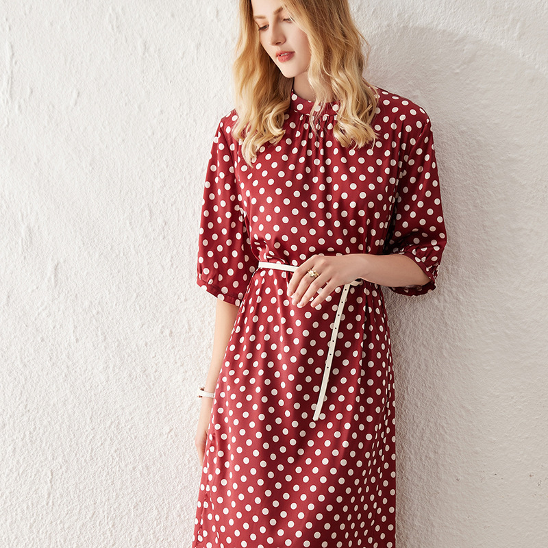 Silk dress summer new Korean style mulberry silk dress over the knee plus size short sleeve stand collar polka dot skirt