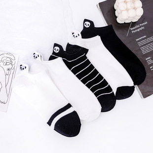 Spring and Summer New Embroidered Panda Invisible Socks Men and Women Korean Style Black and White Striped Boat Socks Cartoon Cotton Short Socks