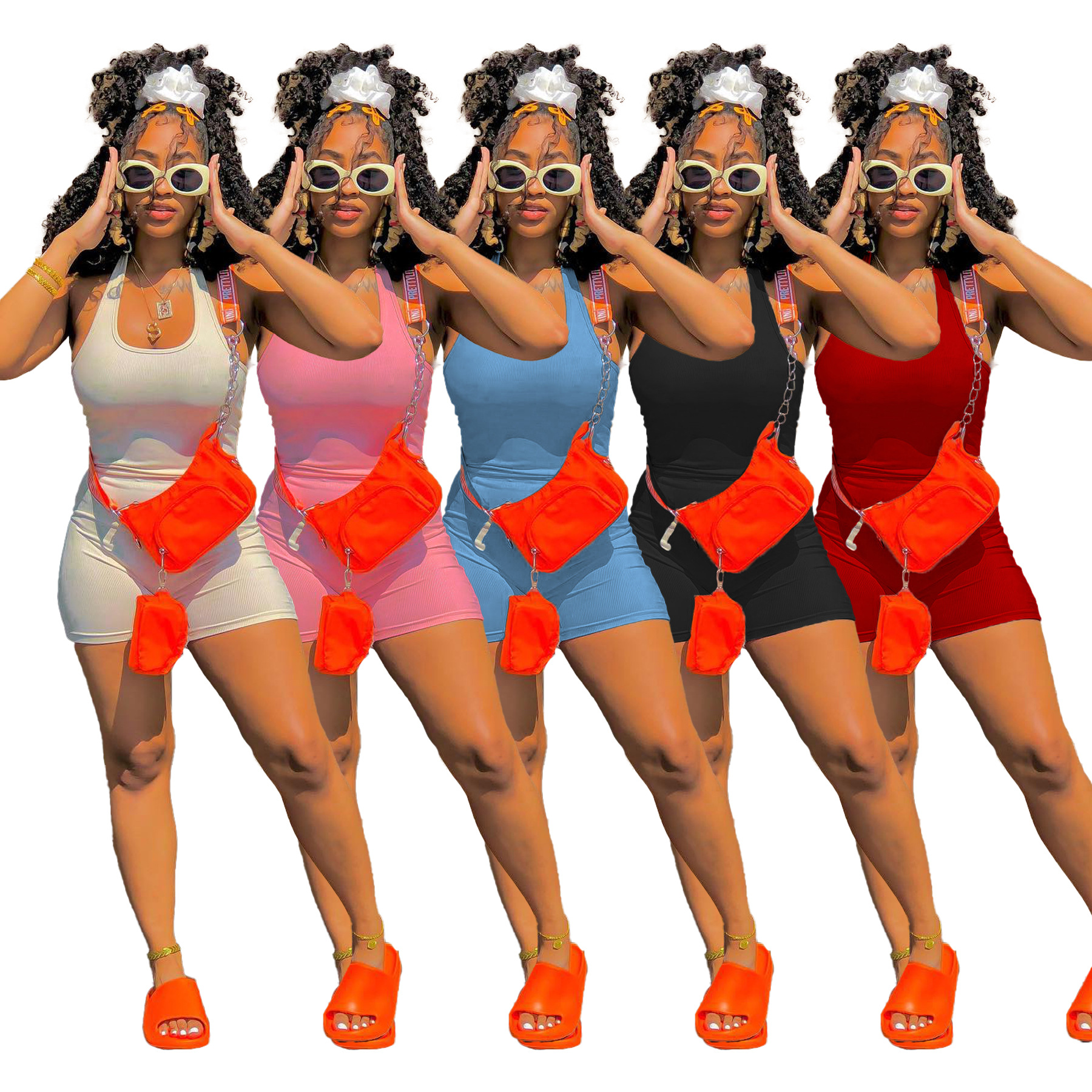 A5302 Tuta da donna casual estiva tinta unita con collo appeso_voghion.com