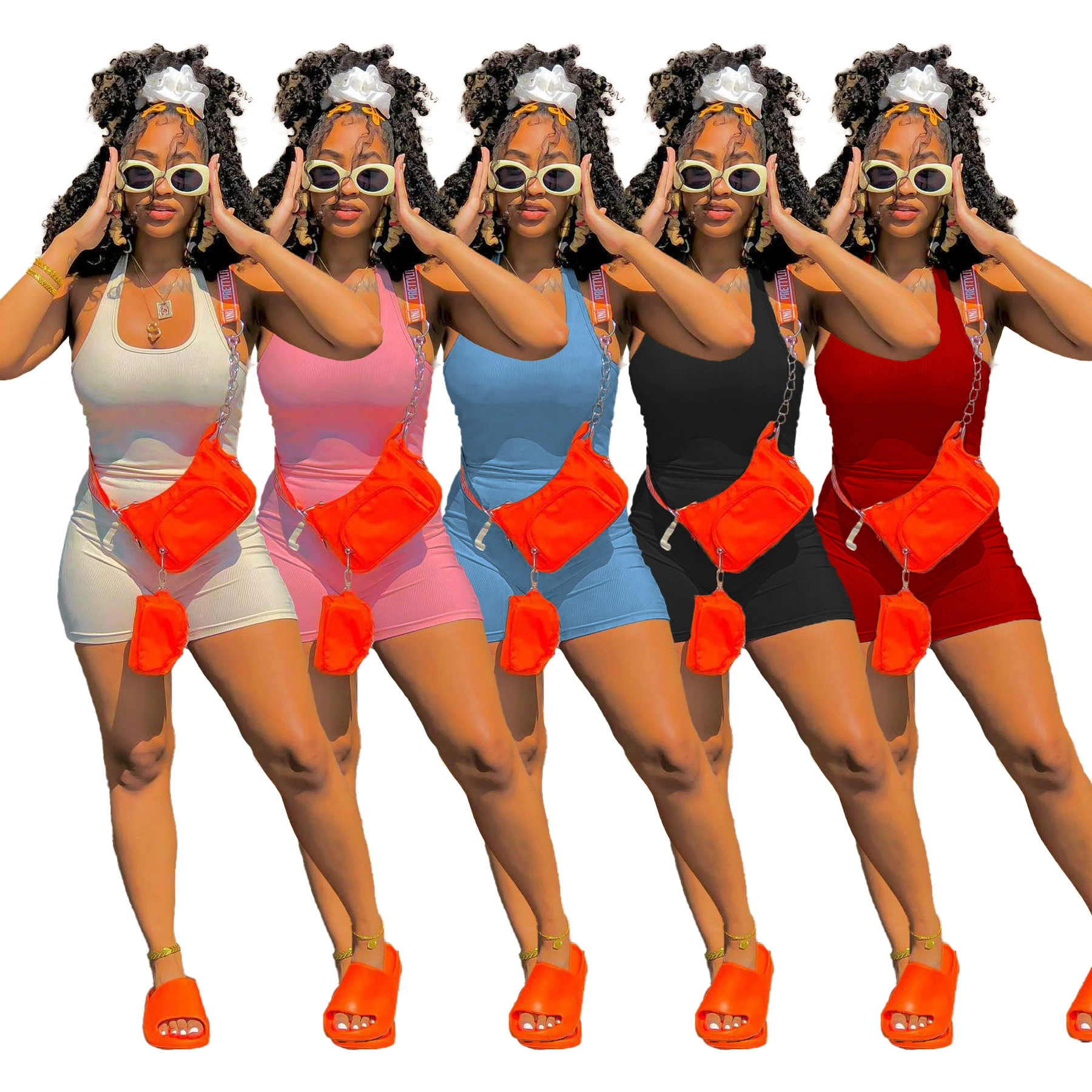 A5302 Кросс-бордерная независимая станция экспорта новой европейской и американской одежды: летний повседневный комбинезон с халтером однотонного цвета