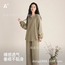 双层纱纯棉睡衣女春夏季长袖休闲套头家居服套装可外穿双层纱睡衣
