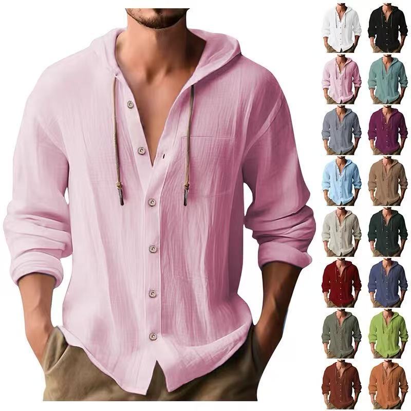 Cross-border European and American 2025 New Hot Sports Trendy Hooded T-shirt Solid Color Cotton and Linen Casual Long Sleeve Men's Shirt