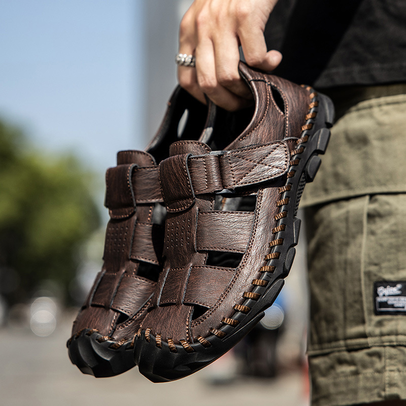 Summer Closed-Toe Sandals Lightweight Size 48 Beach Casual Breathable Velcro Soft Leather Surface Hole Shoes For Men_voghion.com