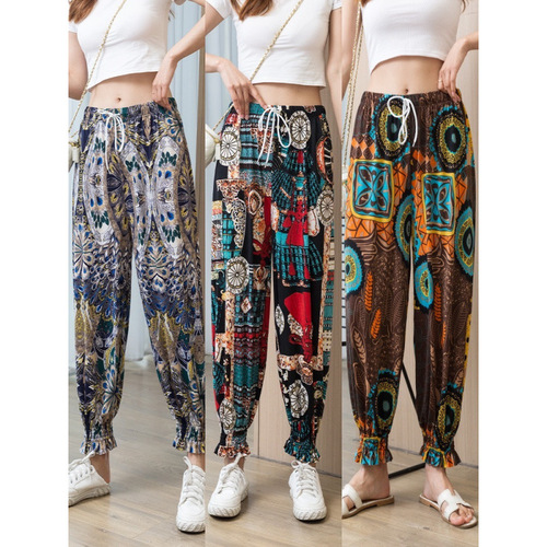 Ice Silk Mosquito-Repellent Pants for Women, Summer Thin Style, High-Waisted, Plus-Size, Ankle-Tied, Lantern-Style, Lettered, Loose-Fit Casual Pants
