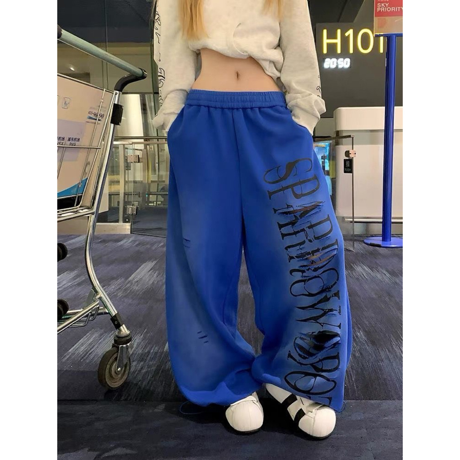 美式复古水洗破洞字母印花休闲裤女秋季宽松高腰直筒阔腿运动长裤