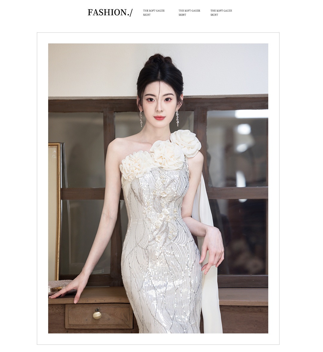 Luxury Mermaid Tail Evening Gown One Shoulder Niche Banquet Host Art Exam Temperament Singer Conductor Runway Show Costume Women's Wedding Party Wear_ecoleips.com