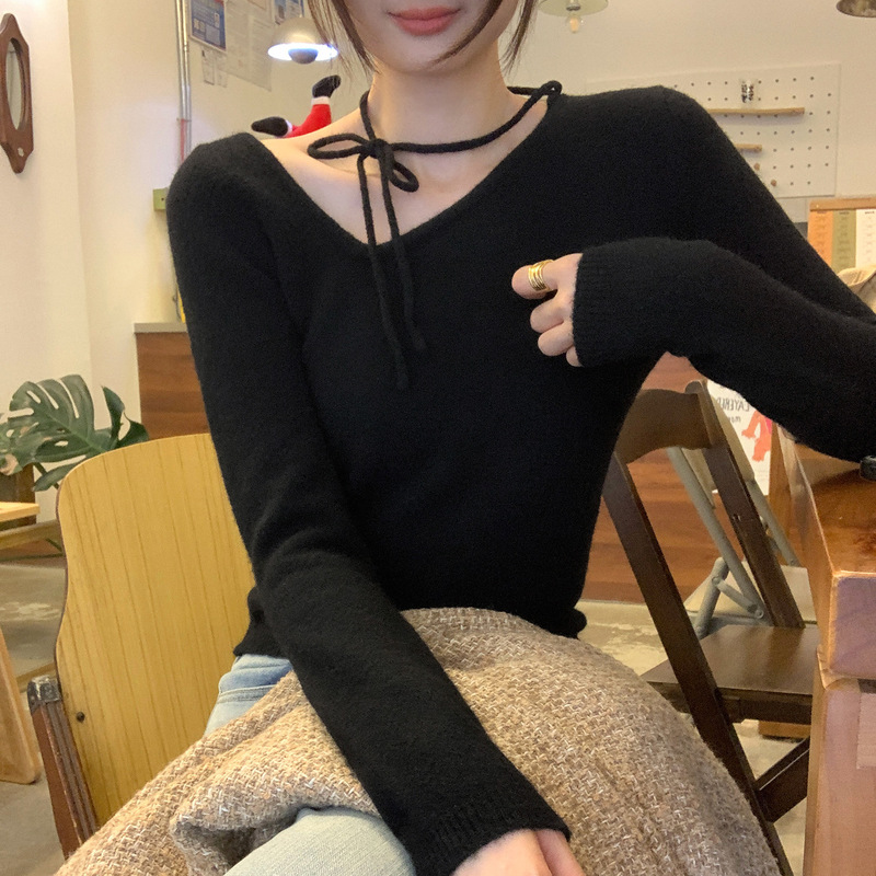 实拍慵懒感绑带v领长袖羊毛针织衫女秋季2025年新款小众上衣88636|undefined