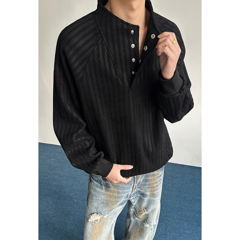 Fishbone Stripe Color-blocked -style Sweatshirt For Men And Women, Autumn High-end Design, Buttoned Henley Collar_voghion.com