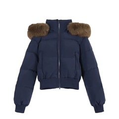 2025新款棉服女冬季欧美外贸藏青色连帽毛领短款棉衣面包服外套厚