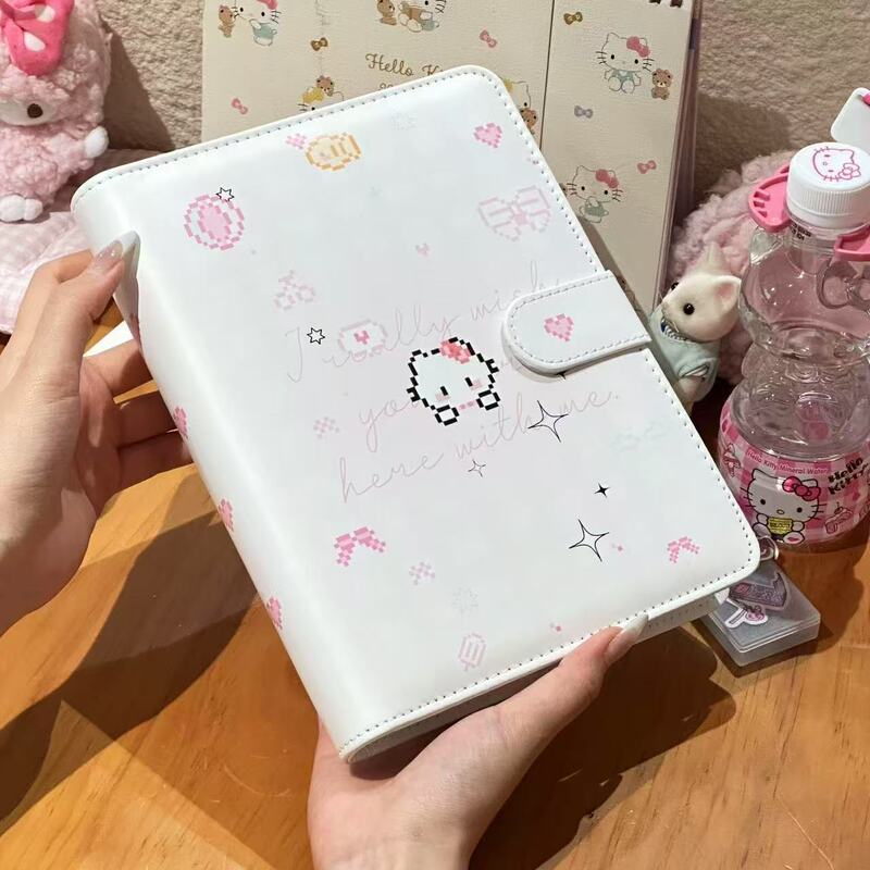 Simple and cute pixelated kitten PU leather A5 four-grid card album, pink and white, perfect for storing photos and small cards, a favorite among young girls