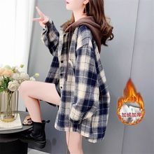 秋冬季加绒加厚格子衬衫女韩版宽松中长款休闲百搭连帽外套上衣