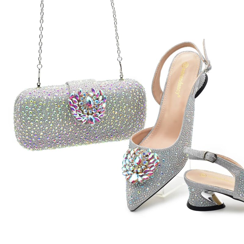 Cross-border rhinestone-embellished chunky heel sandals with evening bag, Italian fashion design, rhinestone evening bag, versatile high heels Cross-border rhinestone-embellished chunky heel sandals with evening bag, Italian fashion design, rhinestone evening bag, versatile high heels