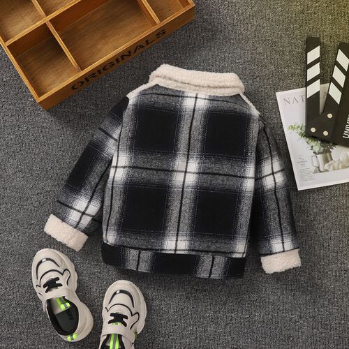INS Kids' Spring and Autumn Collarless Plaid Padded Lapel Single-Breasted Fleece Casual Jacket for Boys