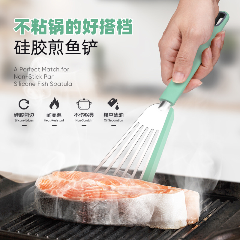 Anti-escaldadura Amazon silicona pala utensilios de cocina de acero inoxidable pescado freír pala espátula resistente a altas temperaturas filete antiadherente espátula