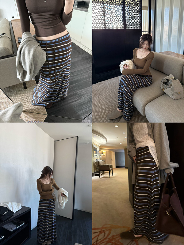 3902# superniniyy 撞色条纹裙& 配色显瘦软糯针织裙半身裙长裙|undefined