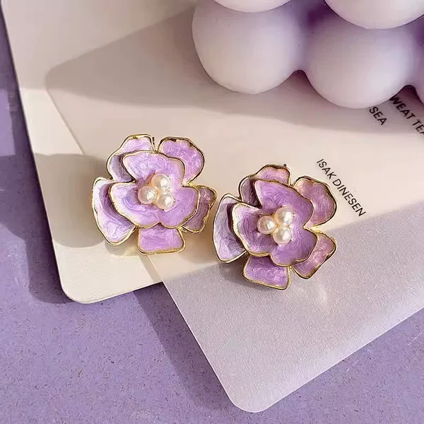 New French-Style Retro High-End Camellia Earrings with Purple Enamel, Hong Kong-Style Elegant Earrings, Factory Wholesale
