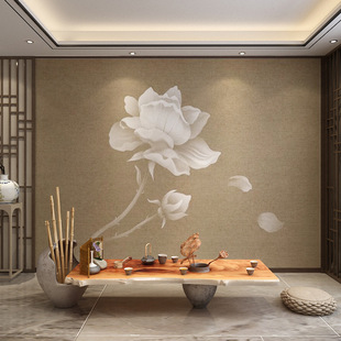 Simple elegant ancient style Bed & Breakfast hotel wallpaper bedroom sofa decoration wall cloth Zen tea room camellia tea shop background wallpaper