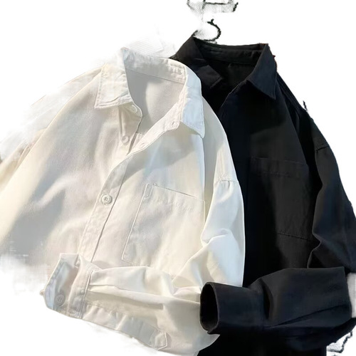 Men's Long-Sleeve Solid Color Base Shirt, Spring and Autumn Season, High-End American Casual Style Inner Wear, White and Black Simple Blouse