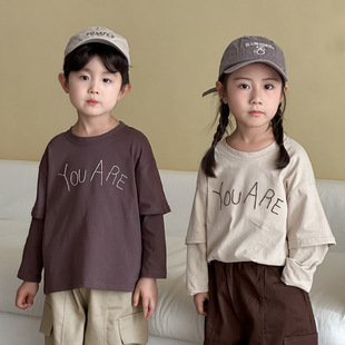 Children's Long-Sleeved T-Shirt Fake Two-Piece Pure Cotton Boys' Autumn Clothes Girls Loose 2025 New Spring and Autum Baby Tops