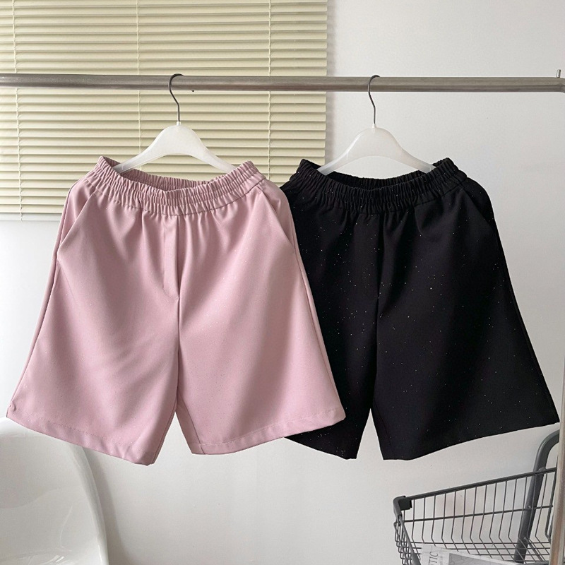 Women's Plus-Size Sports Shorts, Knee-Length, Solid Color, Shiny, New Summer Style, Elastic Waist, Loose Casual Wide-Leg Shorts