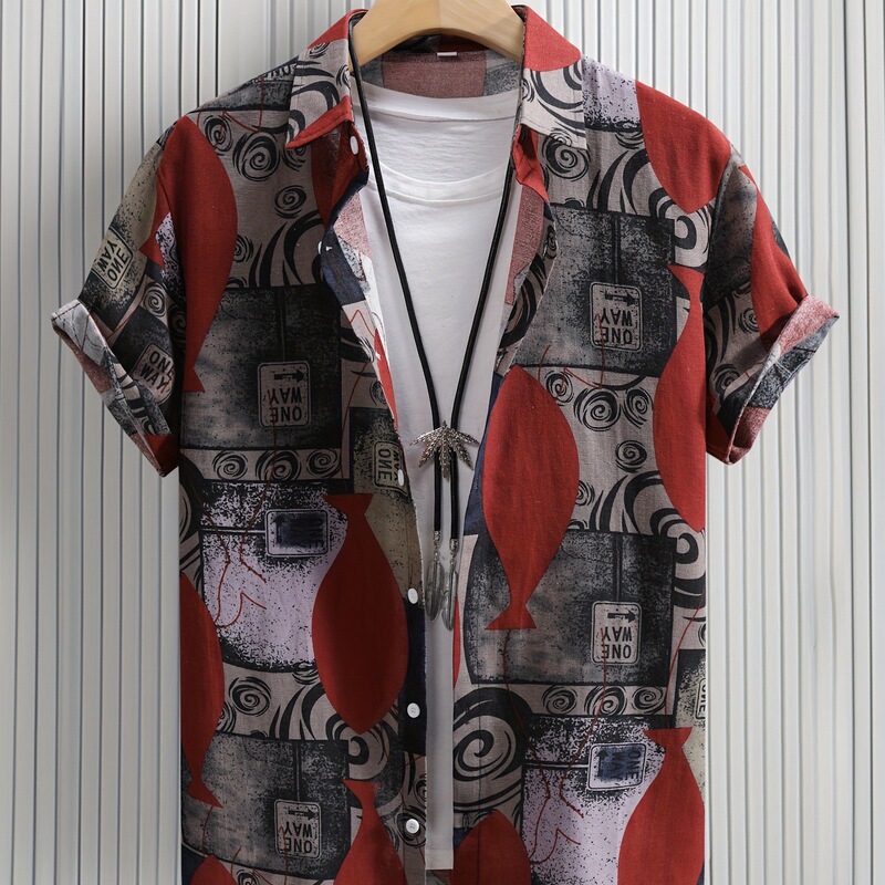 European and American Cross-Border Men's Casual 3D Digital Print Street Fashion Retro Pop Style Trendy Lapel Short-Sleeve Shirt